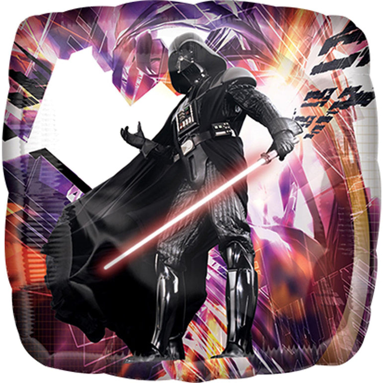 18-inch Star Wars Darth Vader foil balloon with a red lightsaber and purple geometric background