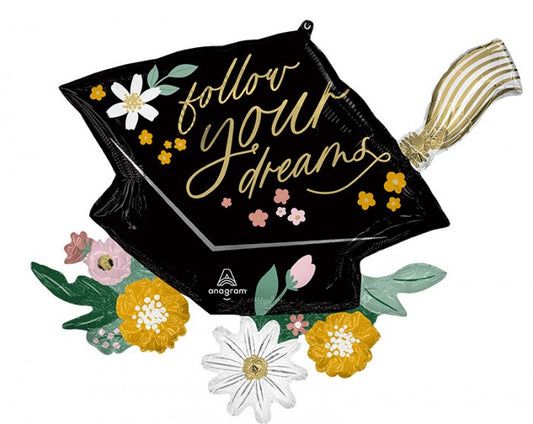 SuperShape Follow Your Dreams Grad Cap Blooms Foil Balloon springbank-balloons