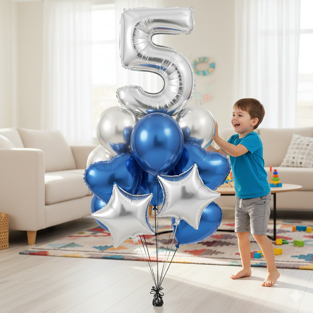Blue and Silver Birthday Bouquet - Premium Helium Display