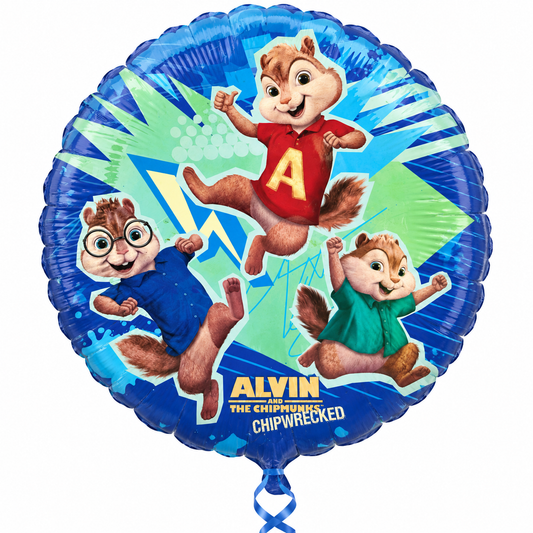 Alvin, Simon and Theodore on a blue and green round foil balloon