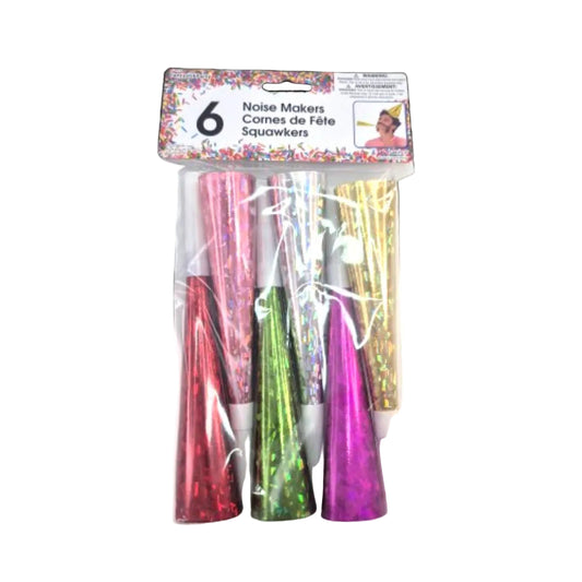 6 Pack Holographic Party Horns – Assorted