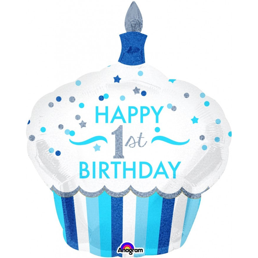 SuperShape Holographic 1st Birthday Cupcake Boy springbank-balloons